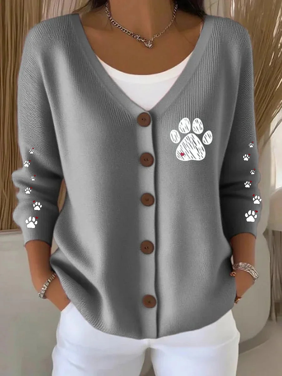 Women's Pet Print Ribbon Ghost Button Cardigan Sweater