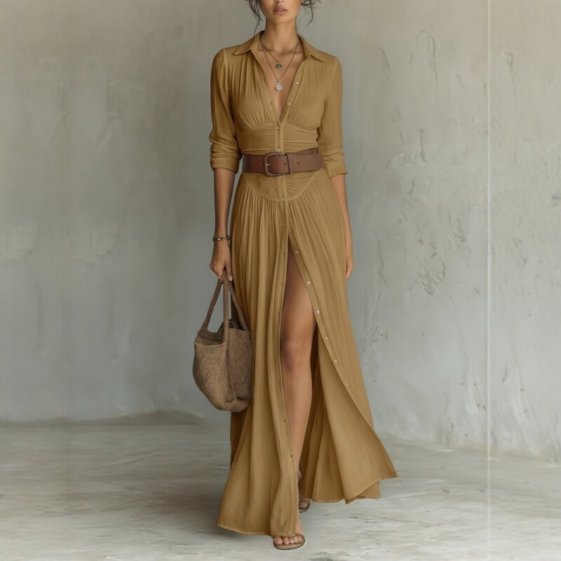Women's Collared Long Sleeve Shirt Dress High Waist Pleated Split Long Vacation Dress with Belt