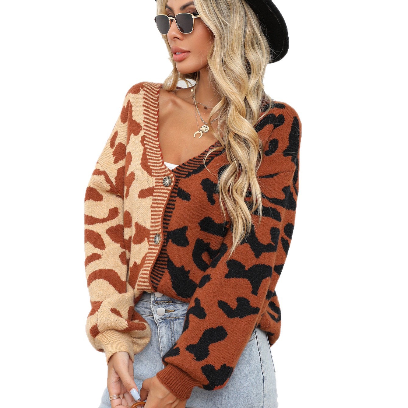 Leopard Print Patchwork Plus Size Button Cardigan Knit Sweater