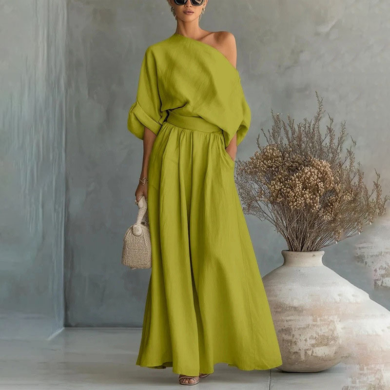 Women's Off-Shoulder Two-Piece Set Solid Color Pocket Wide-Leg Pants Casual Loose Fit