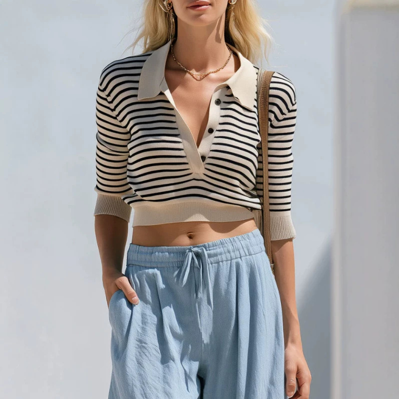 Retro Striped Top and Blue Pants Set