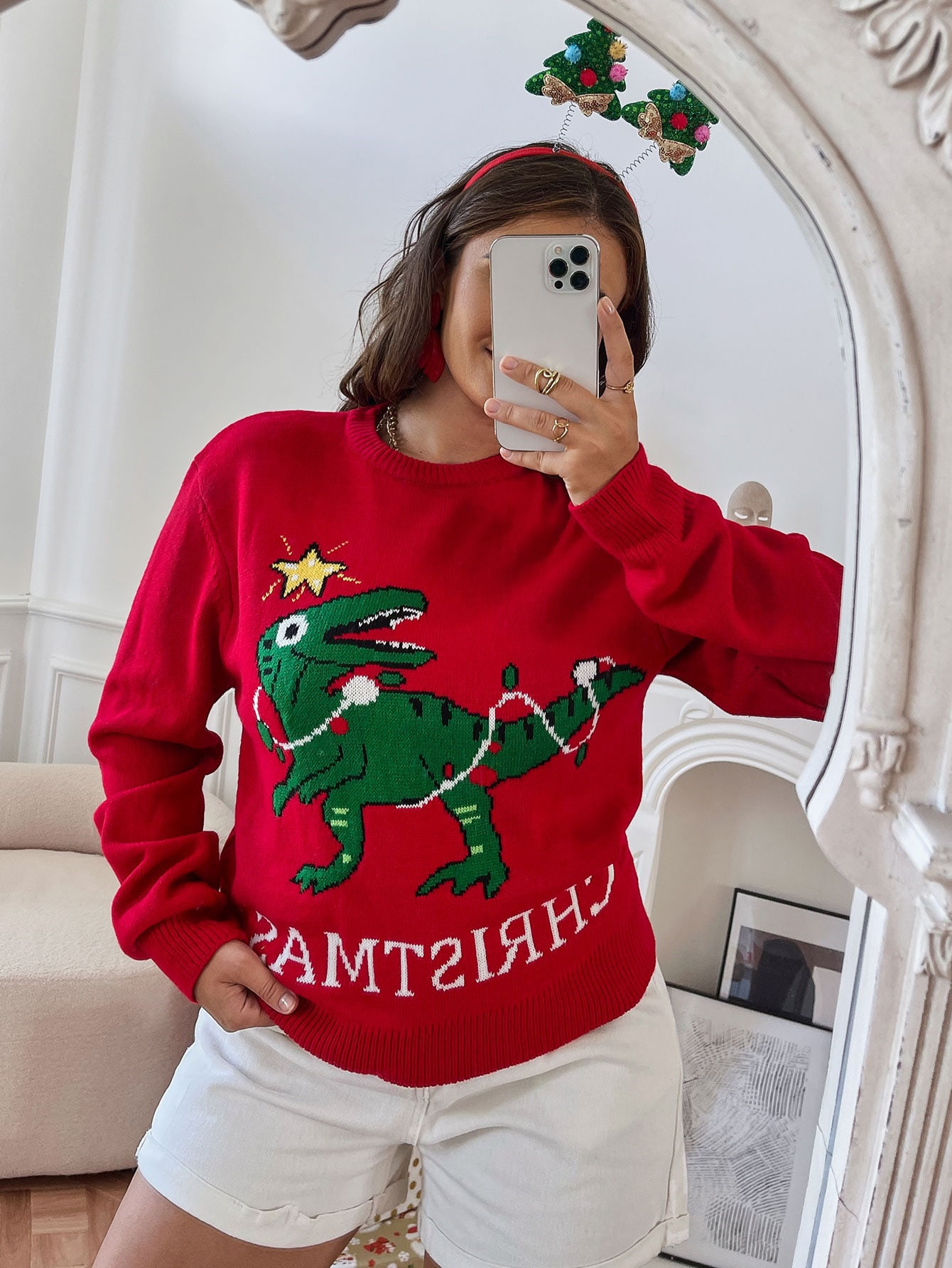 Red Christmas Cartoon Crewneck Long-Sleeve Knit Sweater