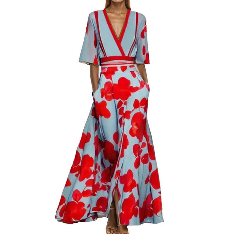 Elegant V-Neck Floral Print Slim-Fit Long Dress