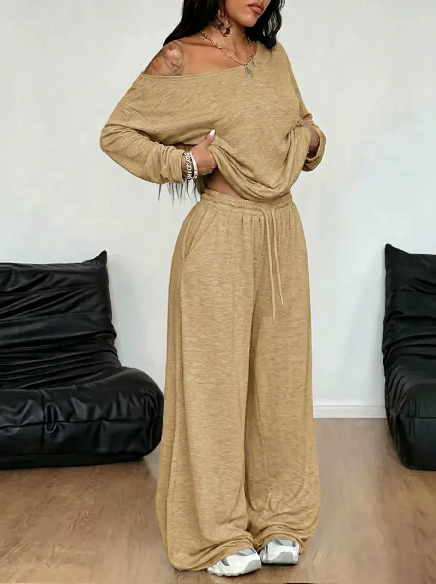 Women's Oblique Collar Wide-Leg Pants Set Solid Color Casual Two-Piece Long Sleeve