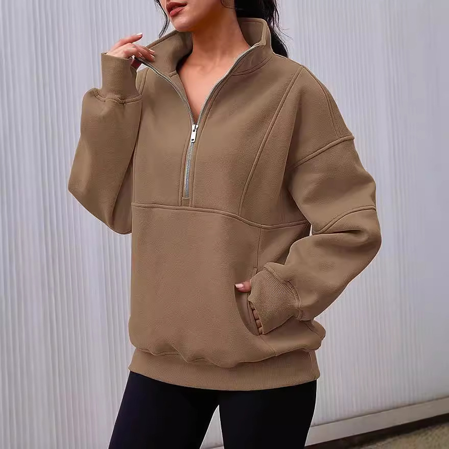 Women's Fleece-Lined Half-Zip Pullover Hoodie with Pockets and Stand Collar