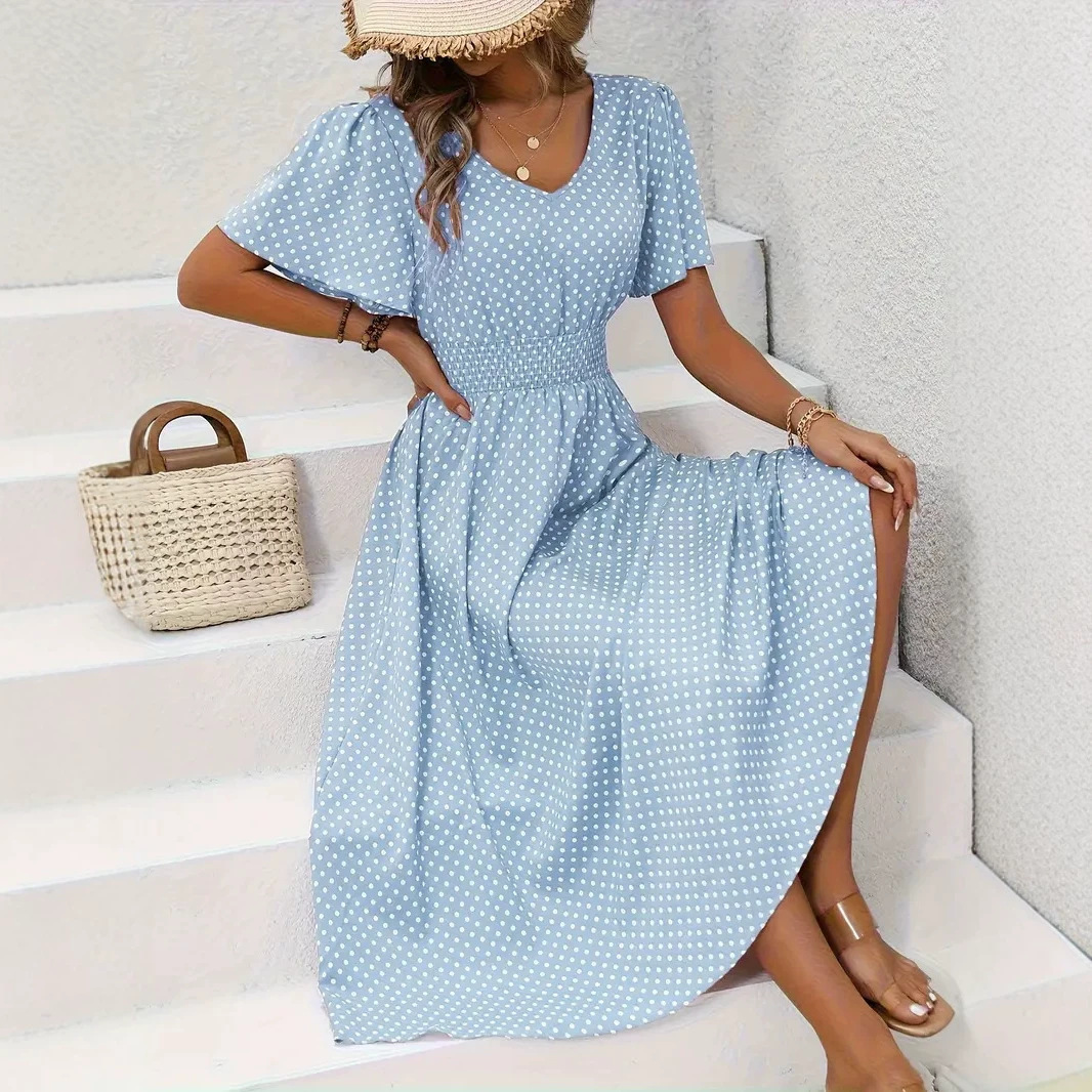 V-Neck Polka Dot Pullover Casual Dress