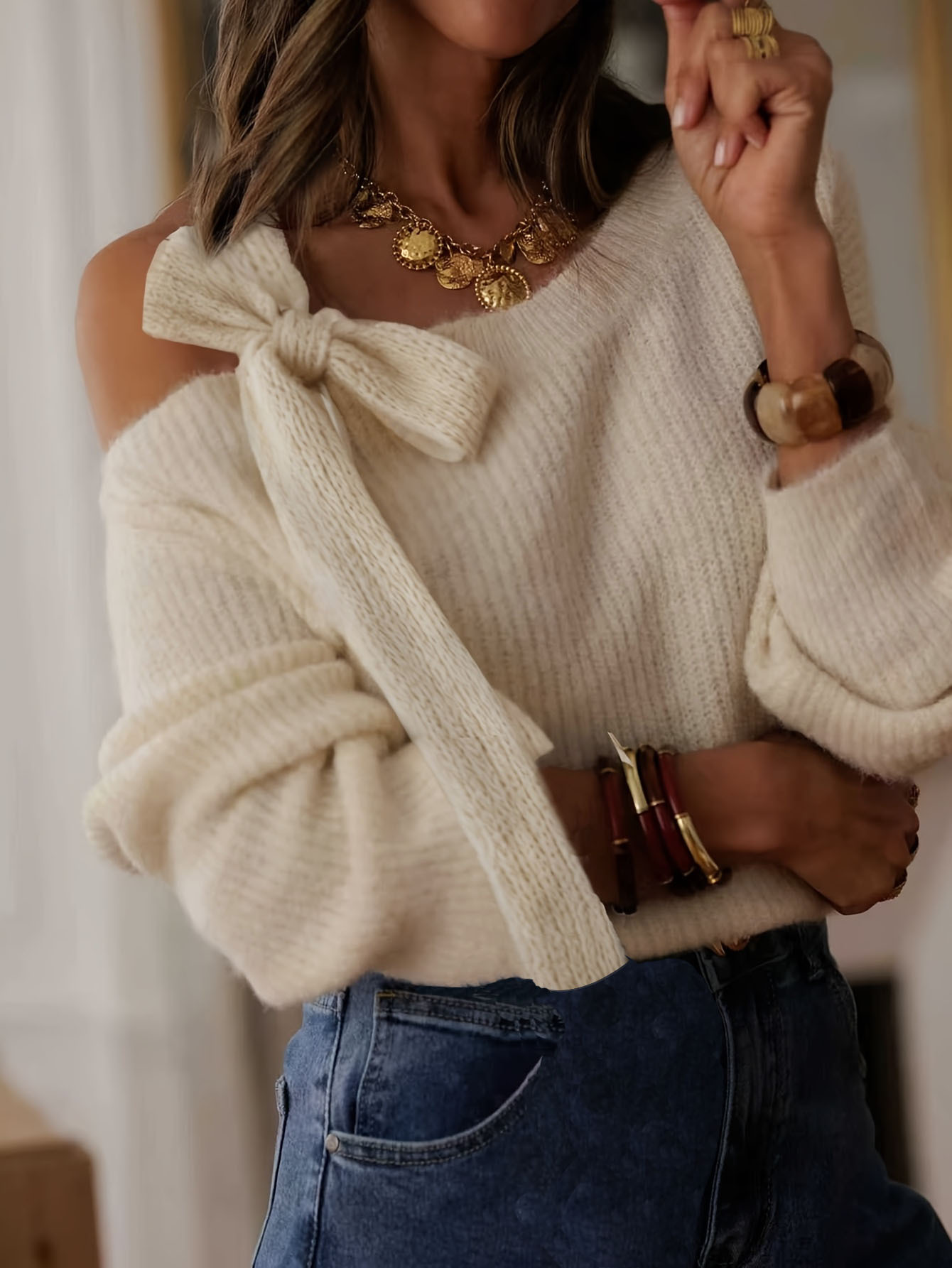 Women's Solid Color Lace-Up Knit Sweater Top Long Sleeve Crew Neck
