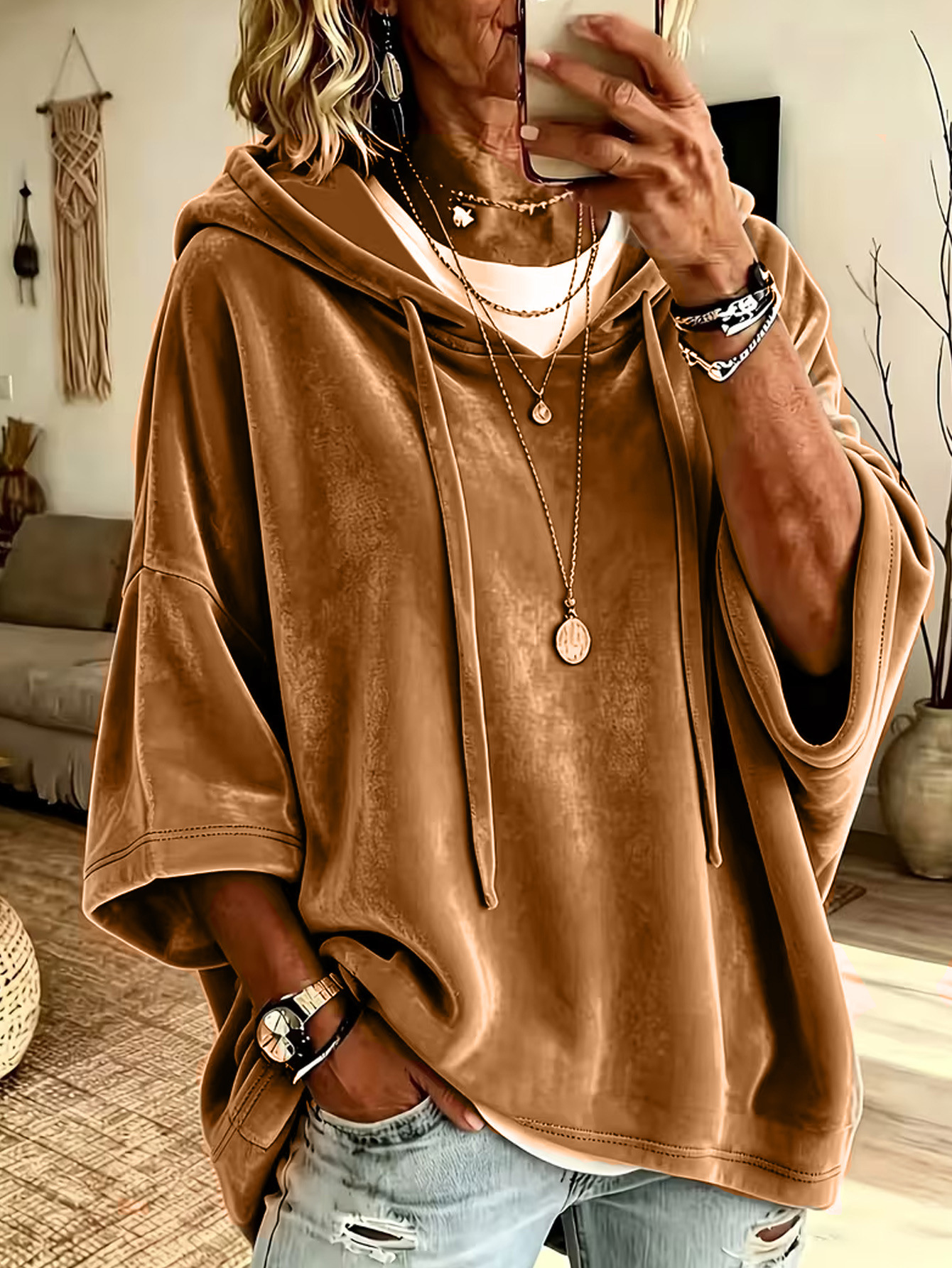 Women's Velvet Hooded Sweatshirt Seven-Quarter Sleeve Solid Color