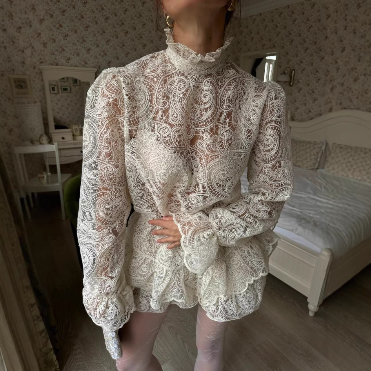 Lace Cutout High Neck Lantern Sleeve Two-Piece Cake Dress