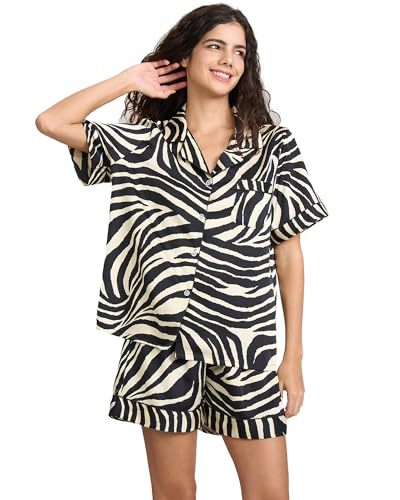 Women's Cuban Collar Zebra Floral Print Short Sleeve Shirt Set