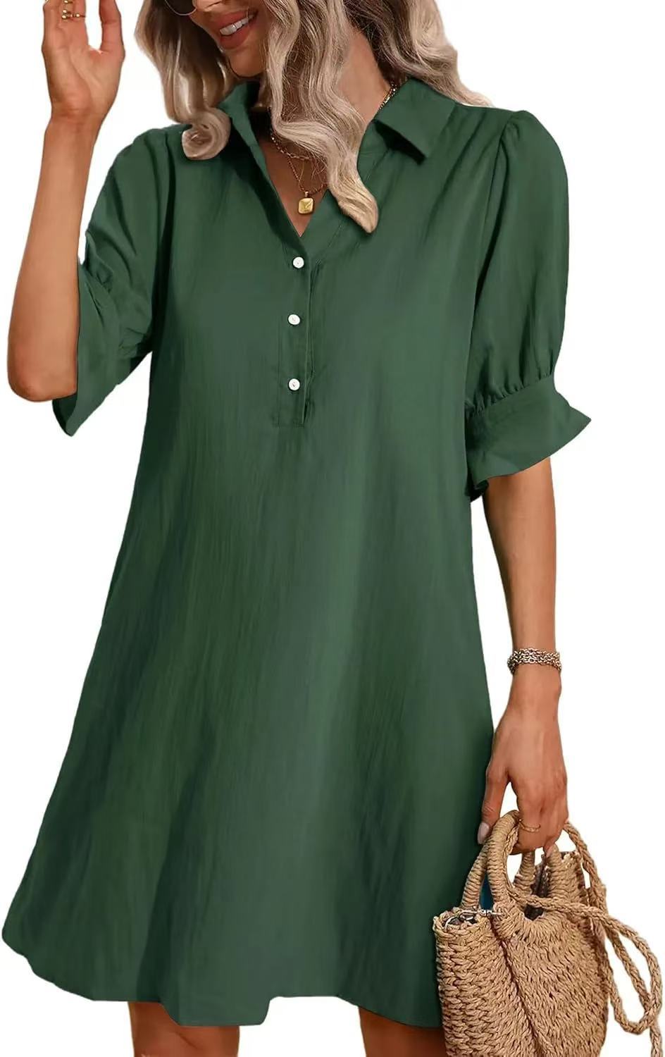 Women's Casual Loose Solid Color A-Line Dress with Collar and Buttons