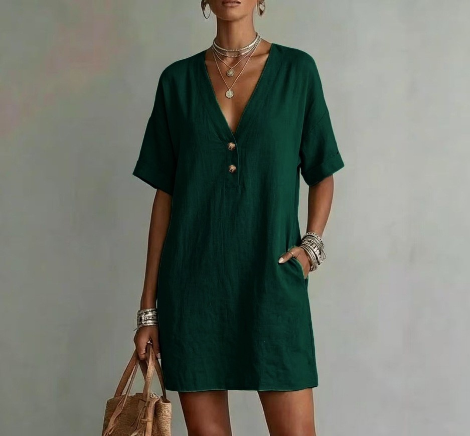 Boho Cotton-Linen Deep V Half-Button Short Sleeve Midi Dress