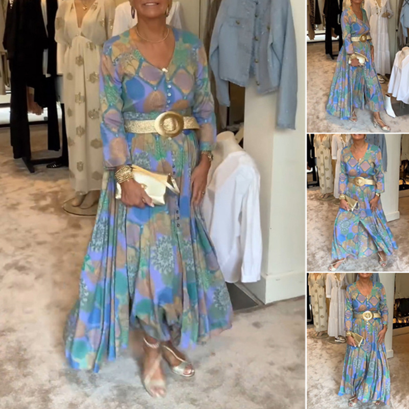 Floral Print V-Neck Long Sleeve Belted Maxi Dress