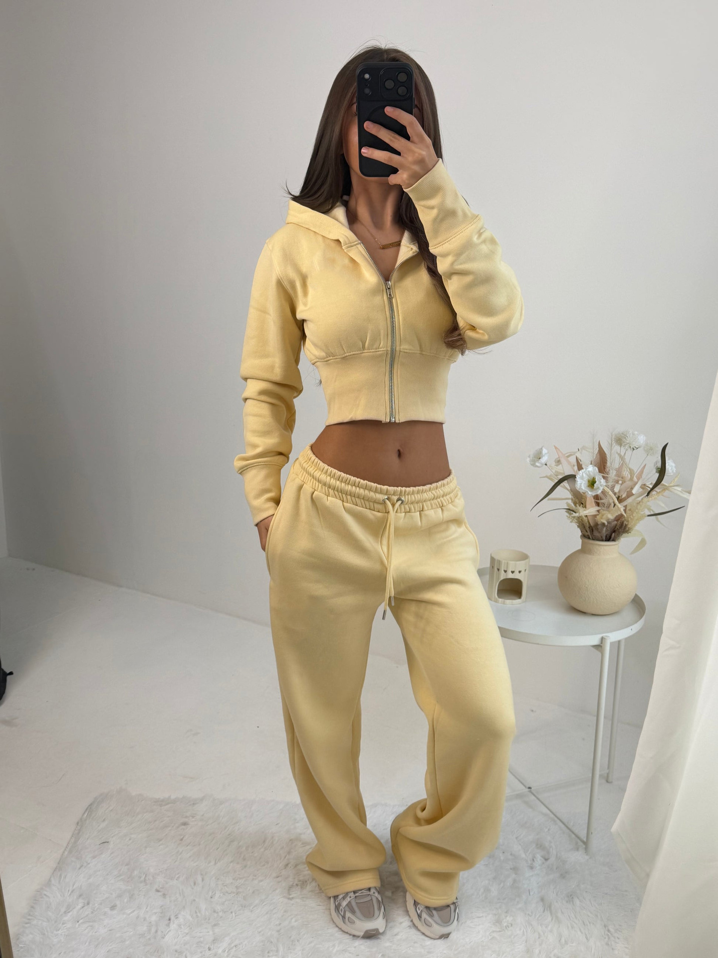 Women's Solid Color Hooded Cardigan and Straight-Leg Pants Set Casual Knit Two-Piece