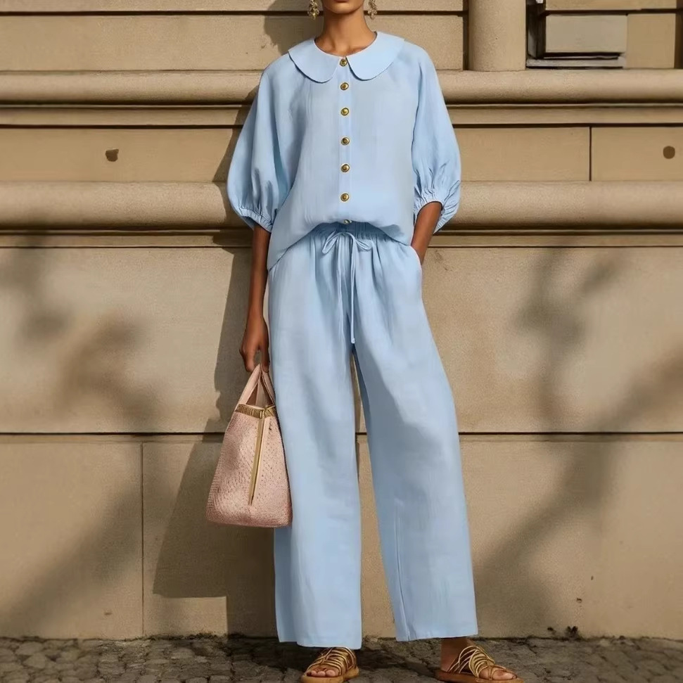 Women's Cotton-Linen Lantern Sleeve Shirt & Drawstring Pants Set