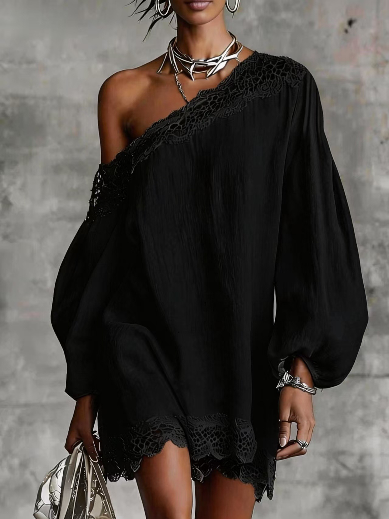 Women's Summer One-Shoulder Long-Sleeve Lace Trim Solid Casual Top