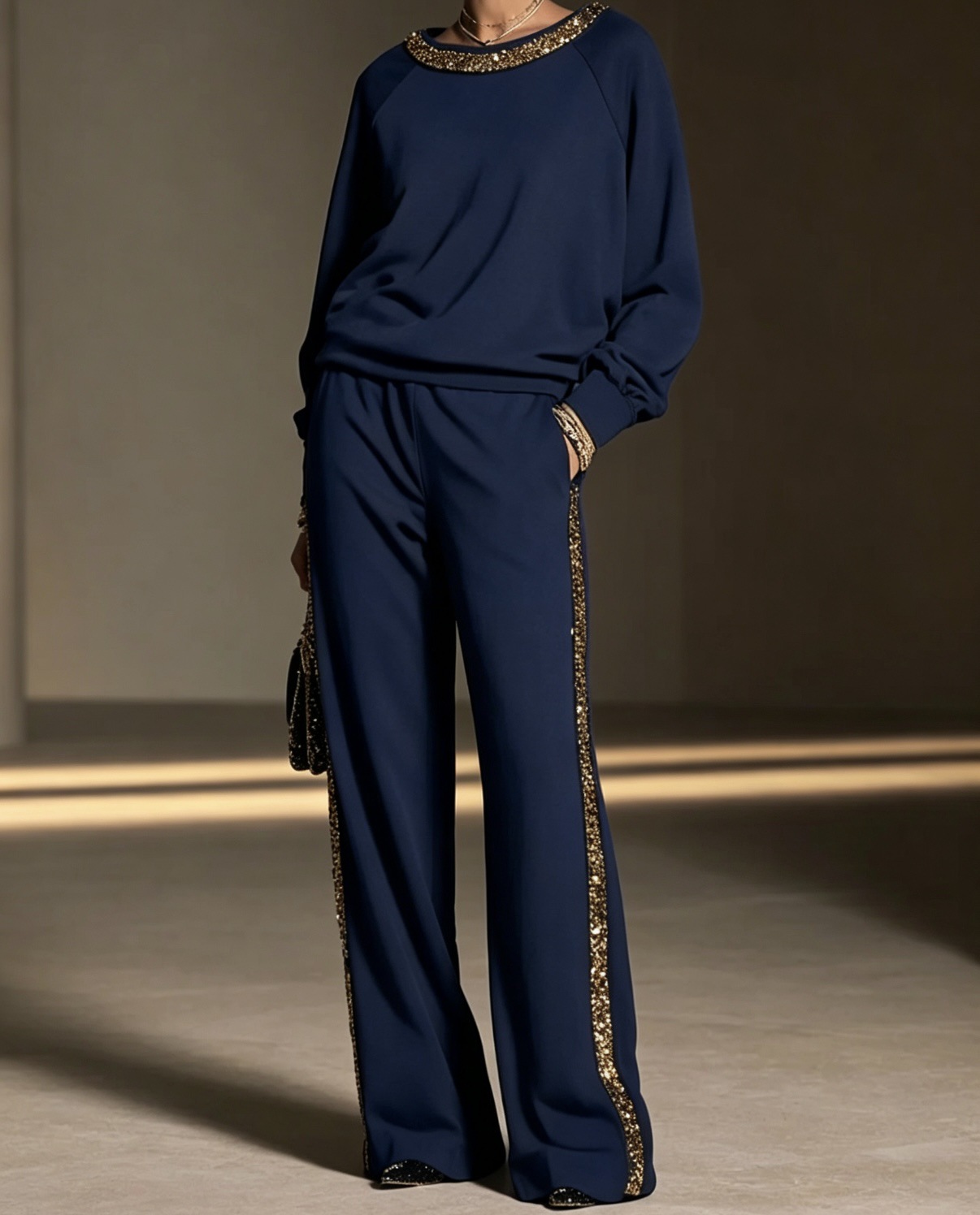Gold Sequin Boat Neck Top & Wide Leg Pants Set