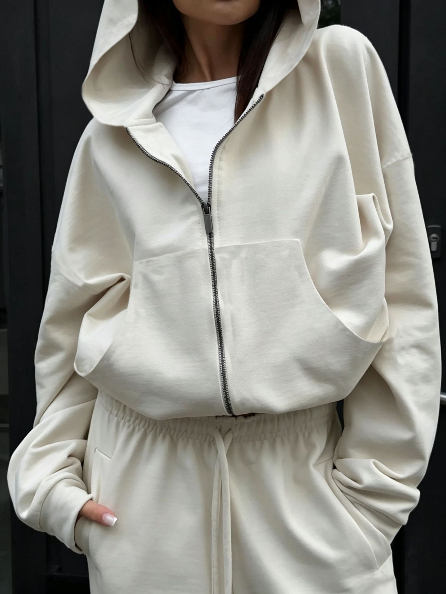 Women's Zip-Up Hooded Cardigan and Drawstring Pants Two-Piece Casual Set