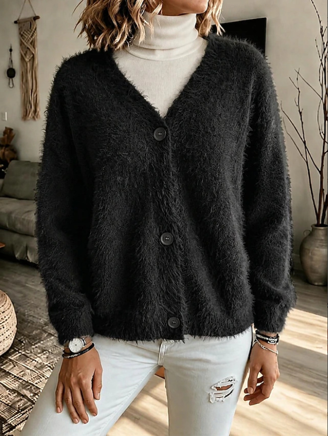 Faux Mink Knit Cardigan V-Neck Loose Long Sleeve Sweater Coat