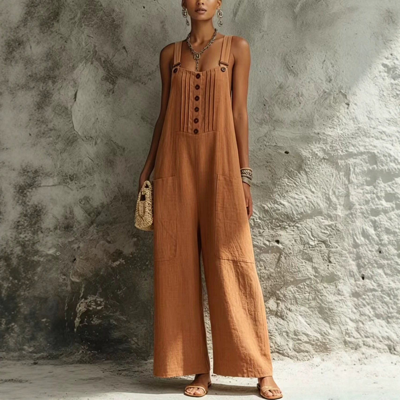 Women's Woven Button Sleeveless Wide-Leg Jumpsuit with Open Back and Pockets
