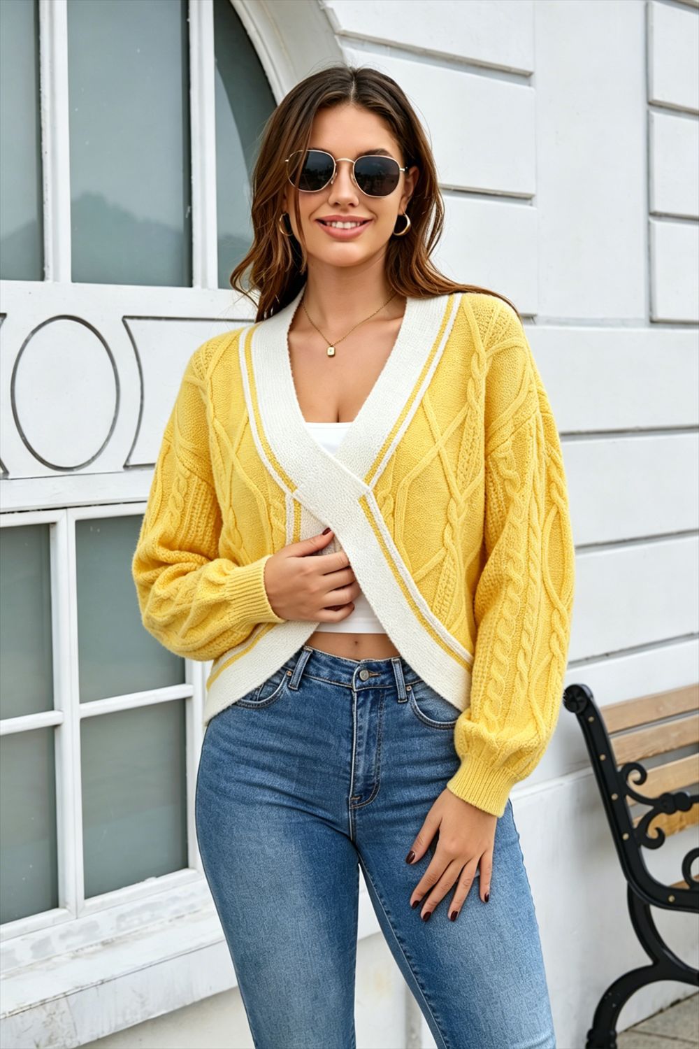 Women's Cropped Knit Sweater Colorblock V-Neck Pullover