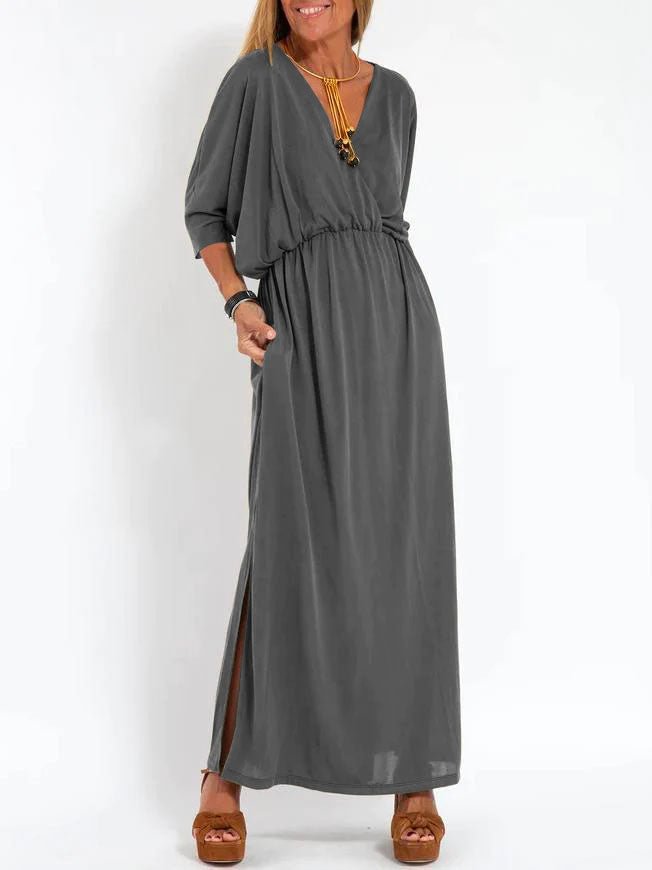 Women's High-Waist Slit Short-Sleeve Dress in Solid Colors