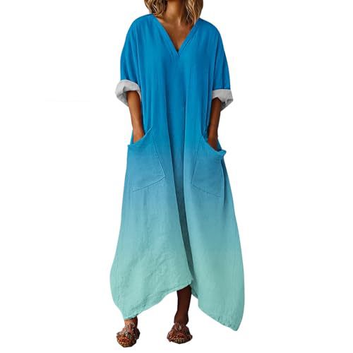 Women's Colorful Gradient A-Line Midi Dress with Deep V-Neck and Long Sleeves