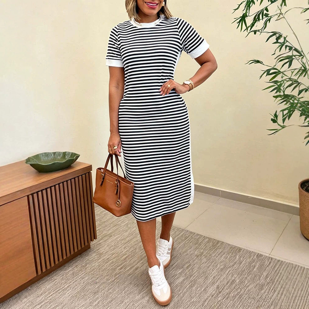 Women's Striped Round Neck Slit Casual Dress
