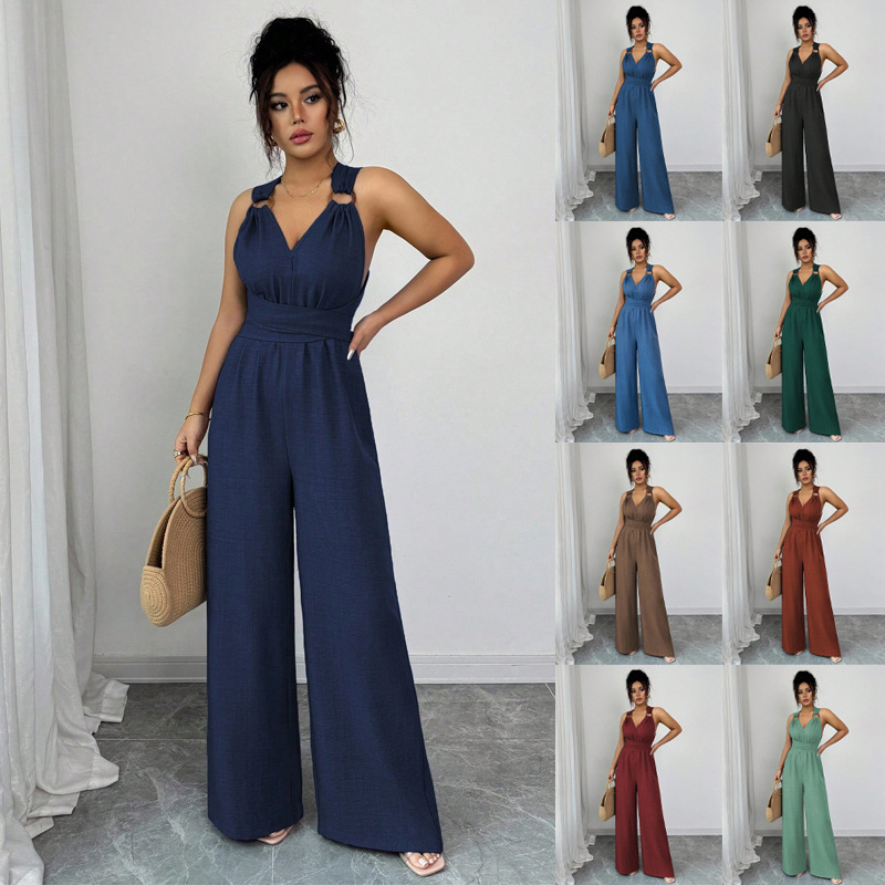 Women's Halter Cross-Back Sleeveless Jumpsuit with Waist-Cinching