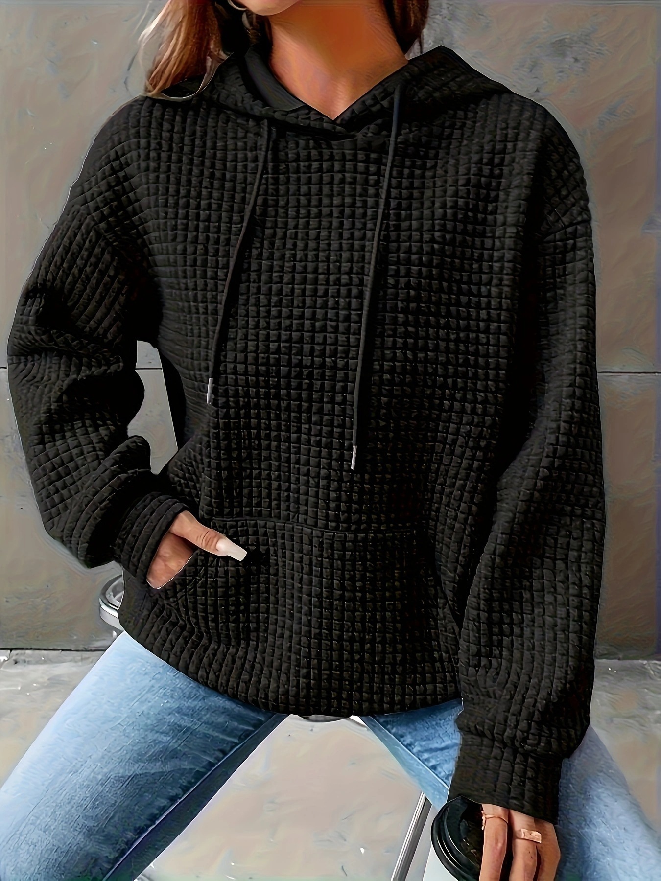 Women's Solid Color Hooded Drawstring Long Sleeve Loose Sweatshirt