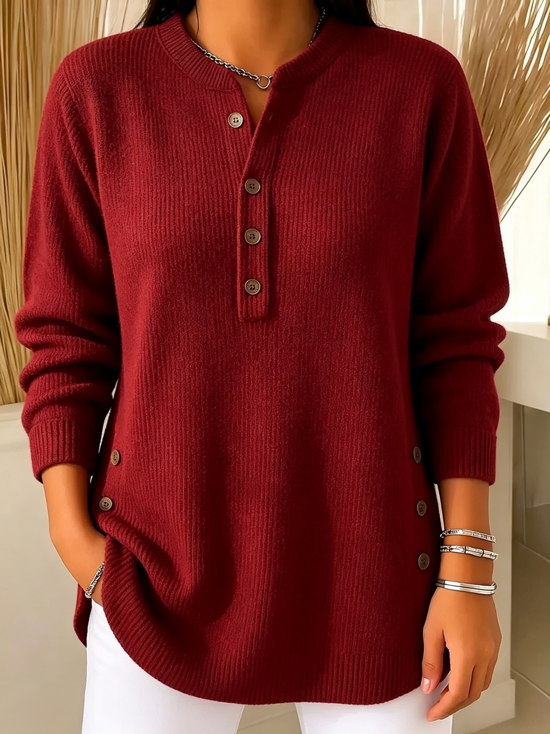 Women's V-Neck Button Knit Sweater Solid Color Loose Fit Top