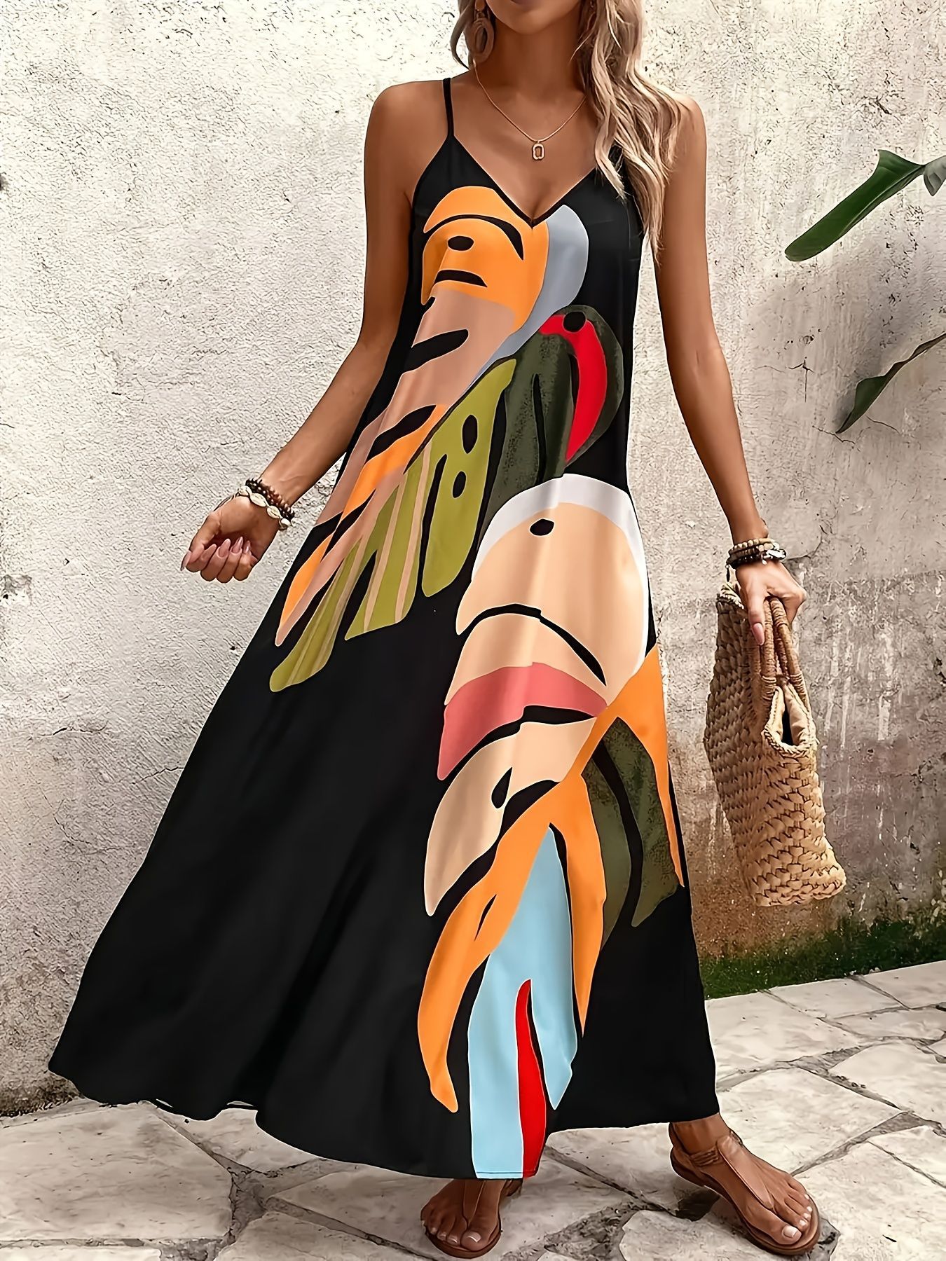 Women's Summer V-Neck Printed Sleeveless Maxi Dress