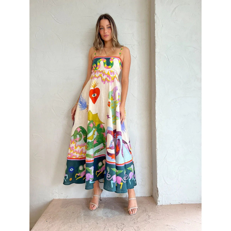 Women's Sleeveless Printed Linen Maxi Dress with Flowy Skirt