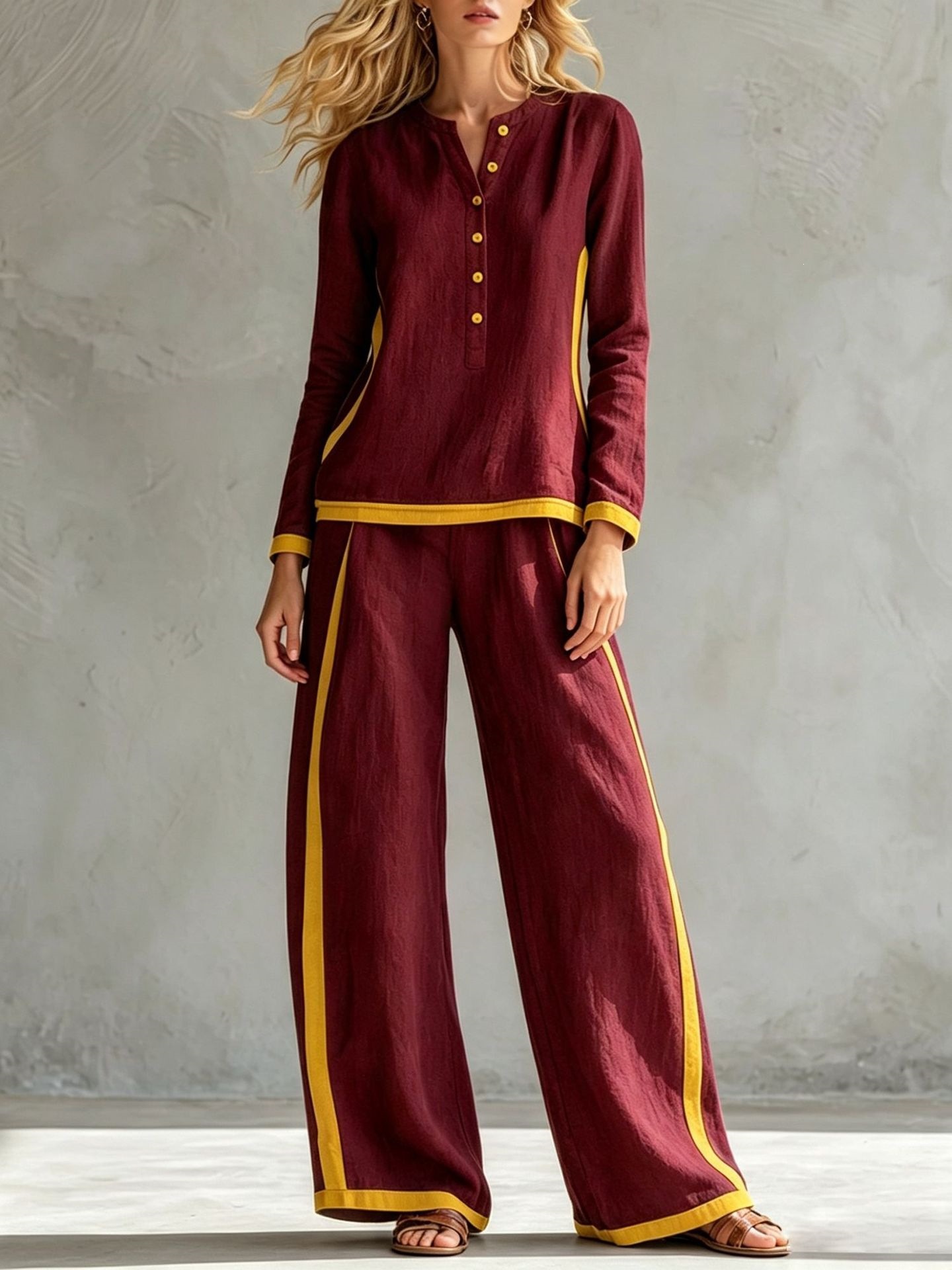 Women's Colorblock Buttoned Half Cardigan & Wide-Leg Pants Set