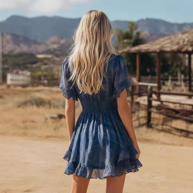 Western Vintage Plaid Blue V-Neck Ruffle Short Sleeve Chiffon Mini Dress