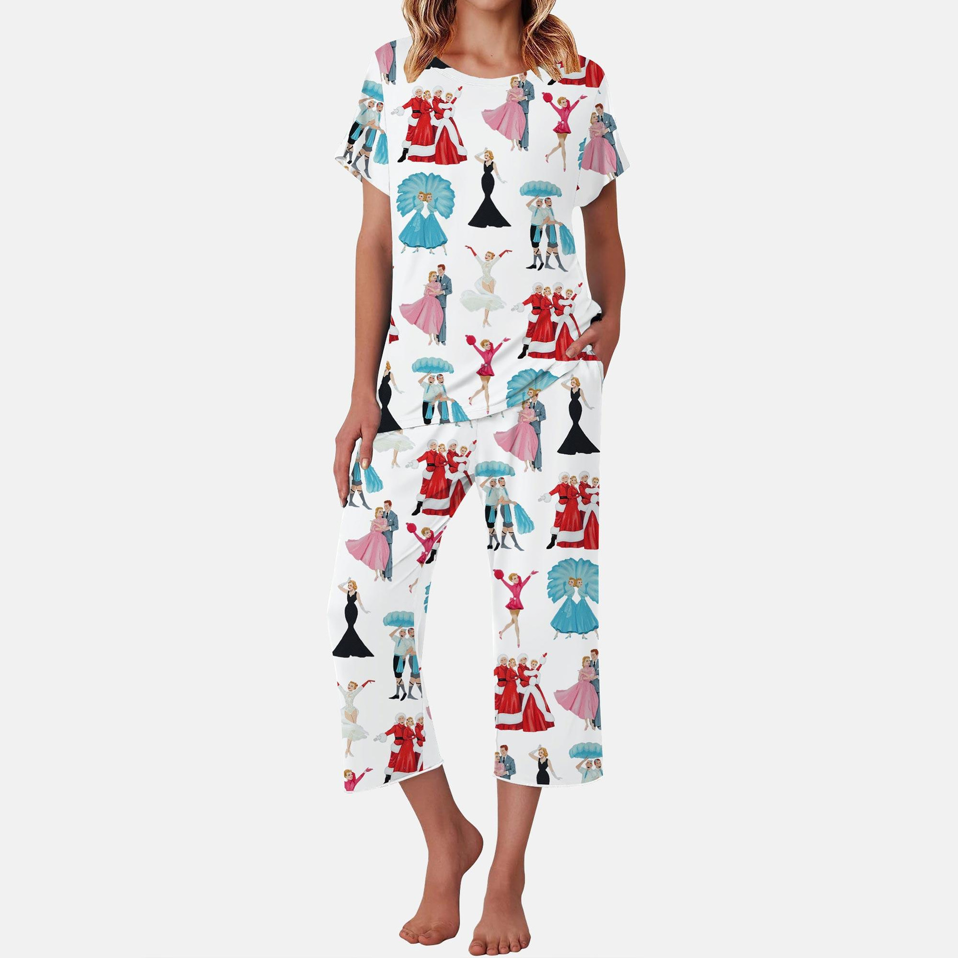 Women's Summer Portrait Print Loungewear Set Short Sleeve Top & Pants