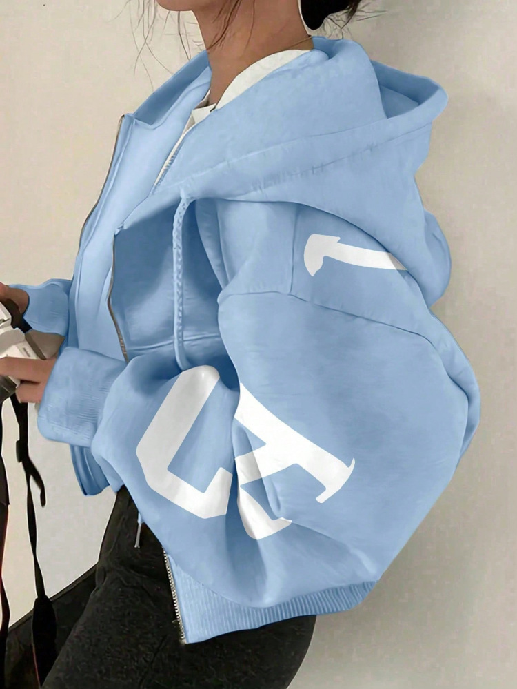Women's Casual Letter Print Loose Hooded Zip-Up Sweatshirt