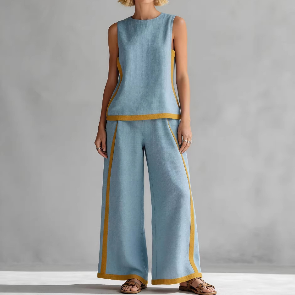 Sleeveless Colorblock Wide-Leg Pants Set Women's Summer Casual Two-Piece