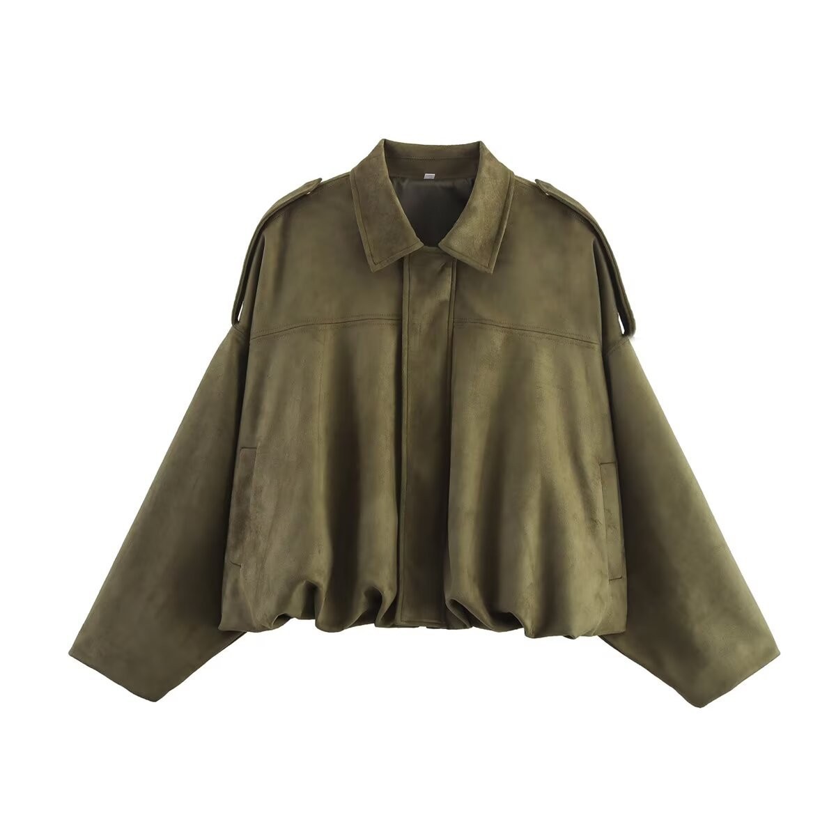 Suede-Feel Faux Leather Bomber Jacket with Lapel Collar