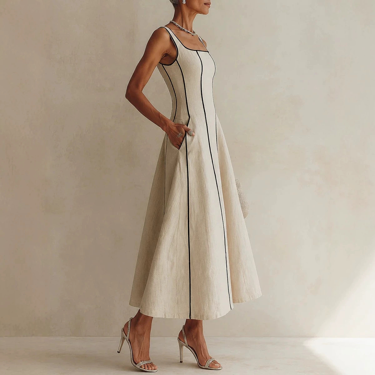 French Square-Neck Contrast Stitch Linen-Blend Midi Dress with Pockets