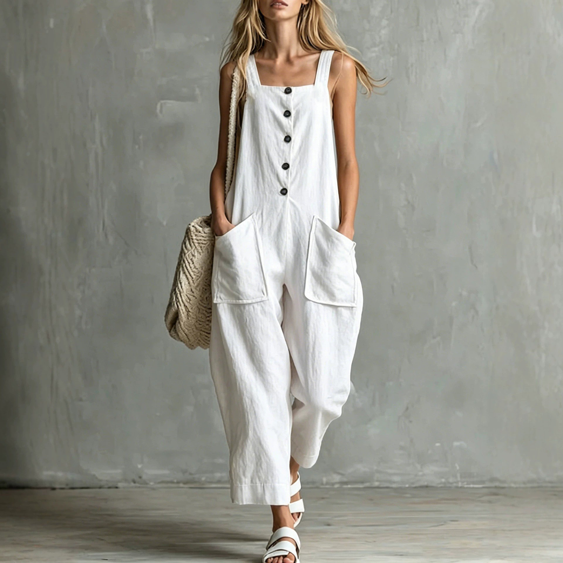 Women's Linen-Blend Wide-Leg Jumpsuit with Pockets