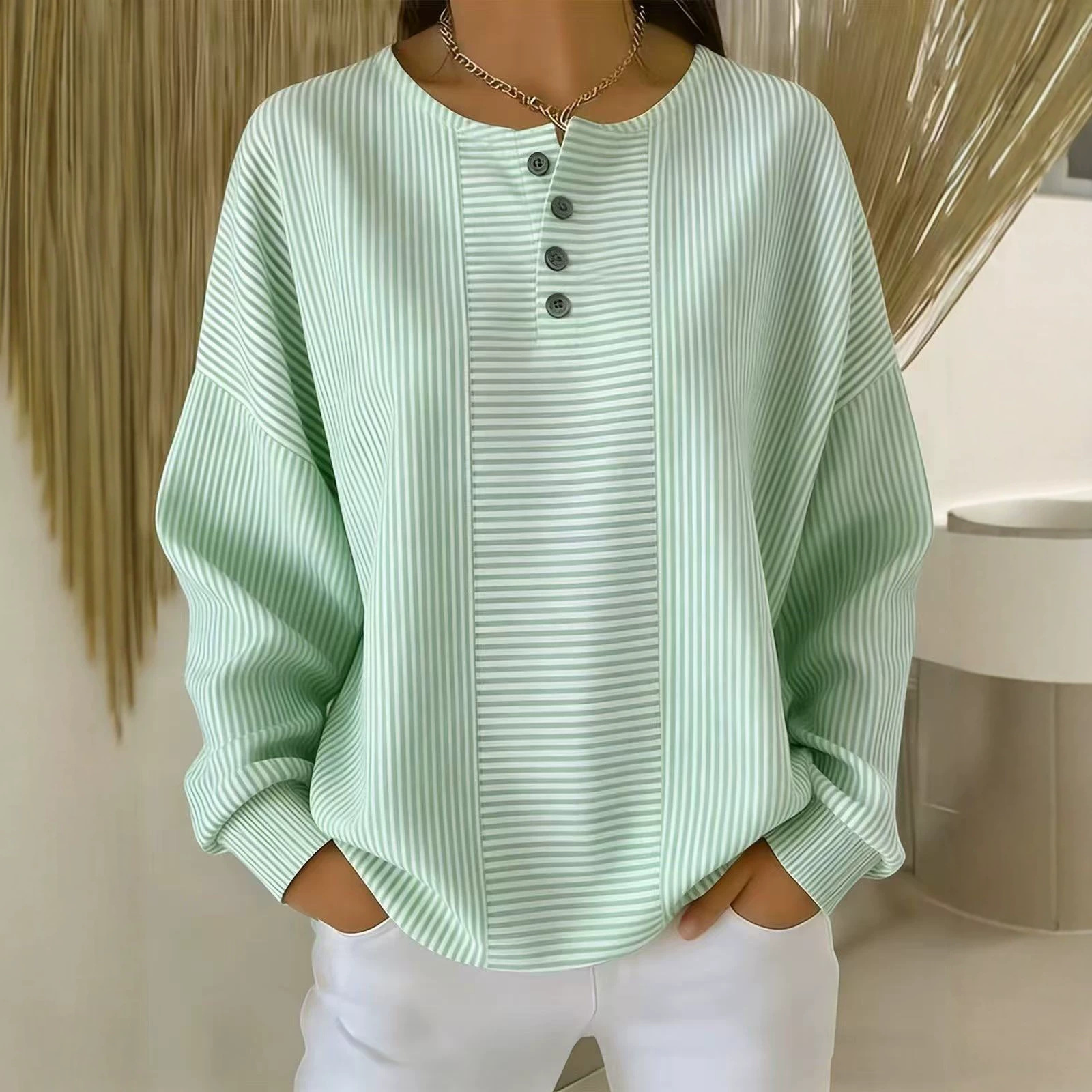 Women's Solid Print Button Sweatshirt