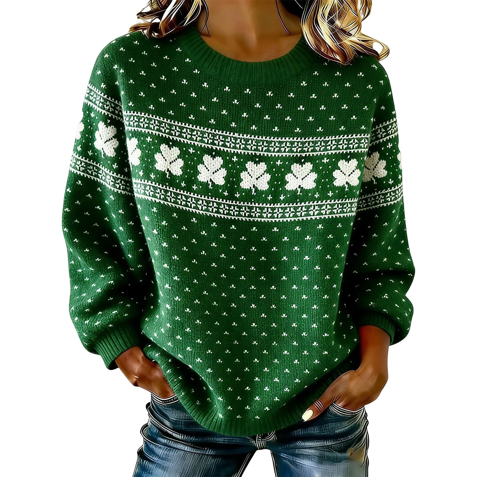 Women's Clover Print Crewneck Sweatshirt Casual Pullover
