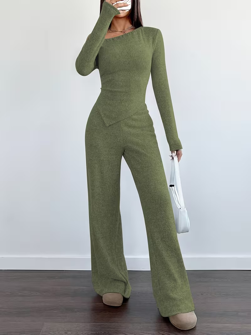 Women's One-Shoulder Knit Two-Piece Set Slim Fit Long Sleeve Top & Wide Leg Pants