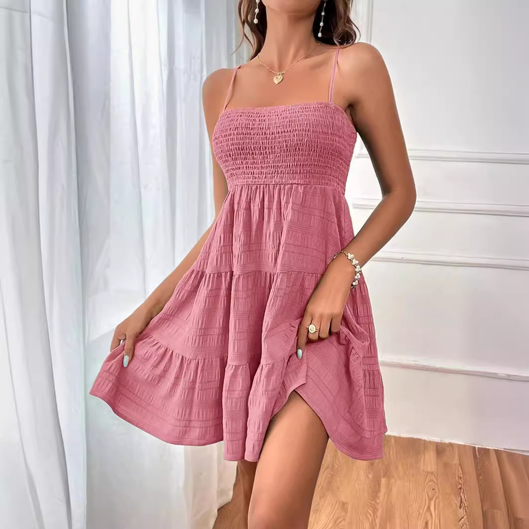 Women's Off-Shoulder Spaghetti Strap Textured Dress Solid Color