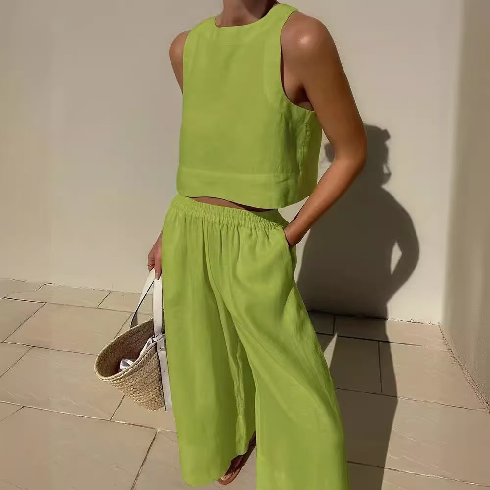 Women's Sleeveless Cotton-Linen Wide-Leg Pants and Tank Set