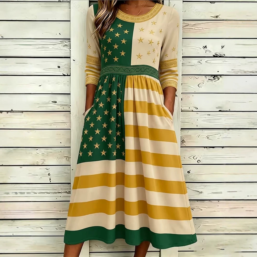 Women's Colorblock Plaid Star Print Ruched Midi Dress