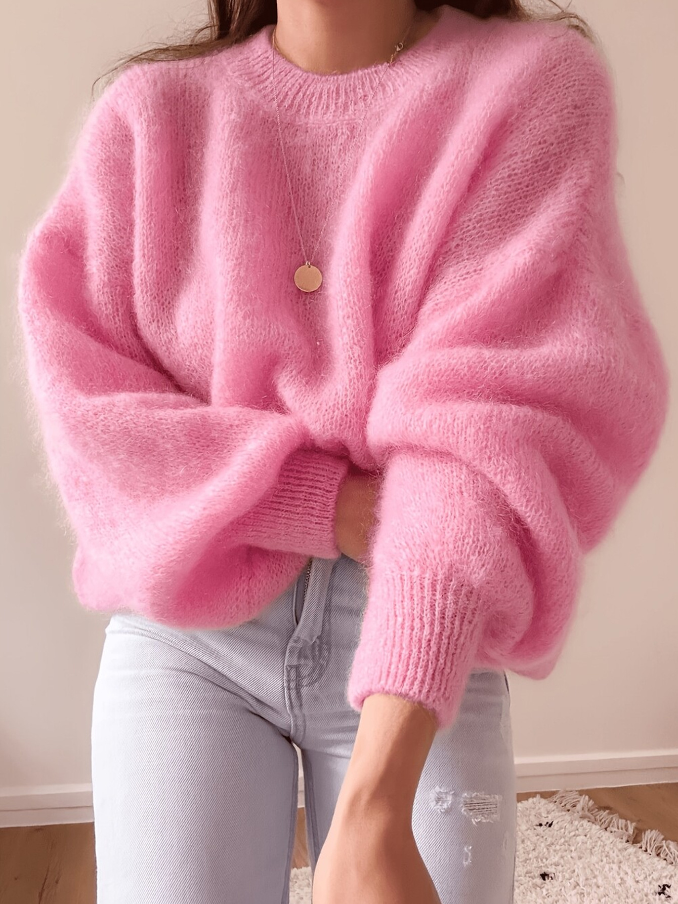 Women's Solid Color Lantern Sleeve Knit Pullover Sweater Loose Fit