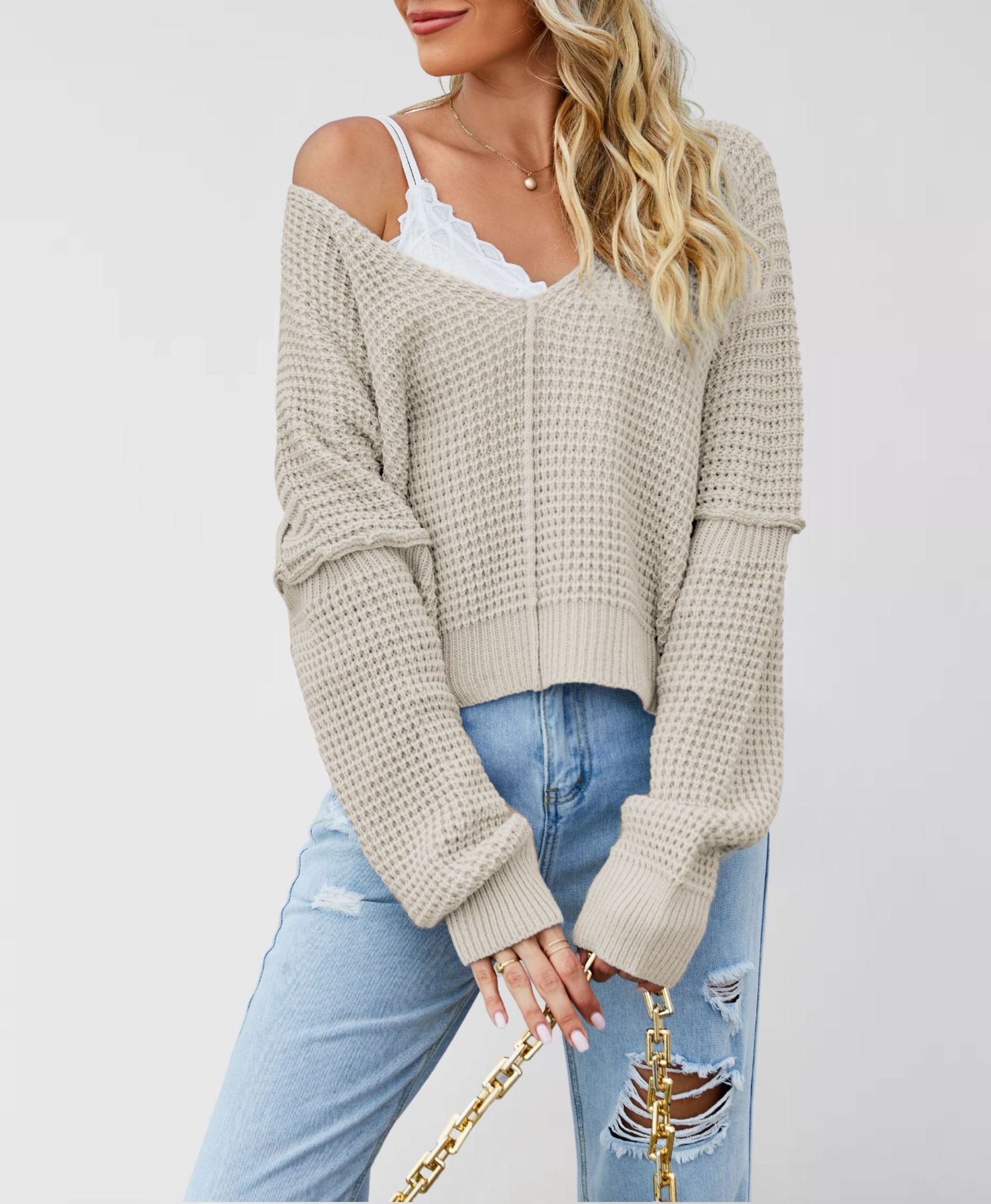 V-Neck Off-Shoulder Loose Knit Sweater