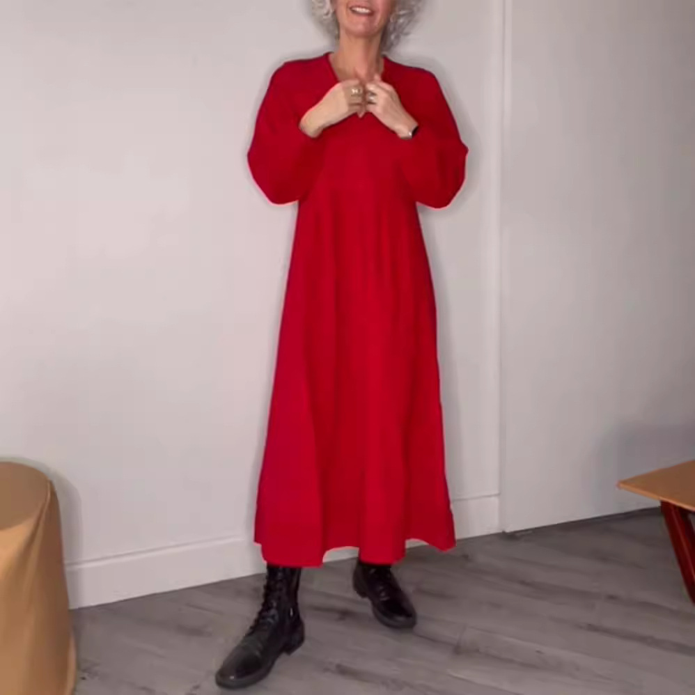 Solid V-Neck Long Sleeve Pocket Maxi Dress